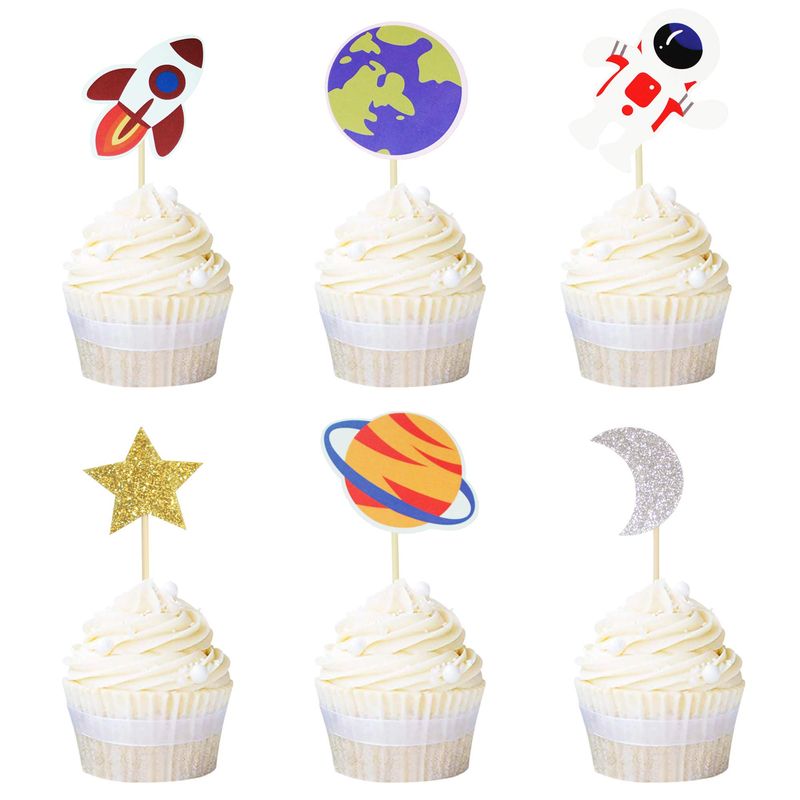 Ercadio 36 Pack Space Astronaut Cupcake Toppers Rocket Planet Trip to the Moon Cupcake Picks Baby Shower Boys Girls Birthday Outer Space Themed Party Cake Decorations Supplies