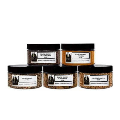 Indian Spice Set #2 - Contains: 5 Plastic Jars (1 each of: Madras Curry Powder, Cumin Seeds, Fenugreek Seeds, Whole Black / Brown Cardamom, Black / Brown Mustard Seeds.)