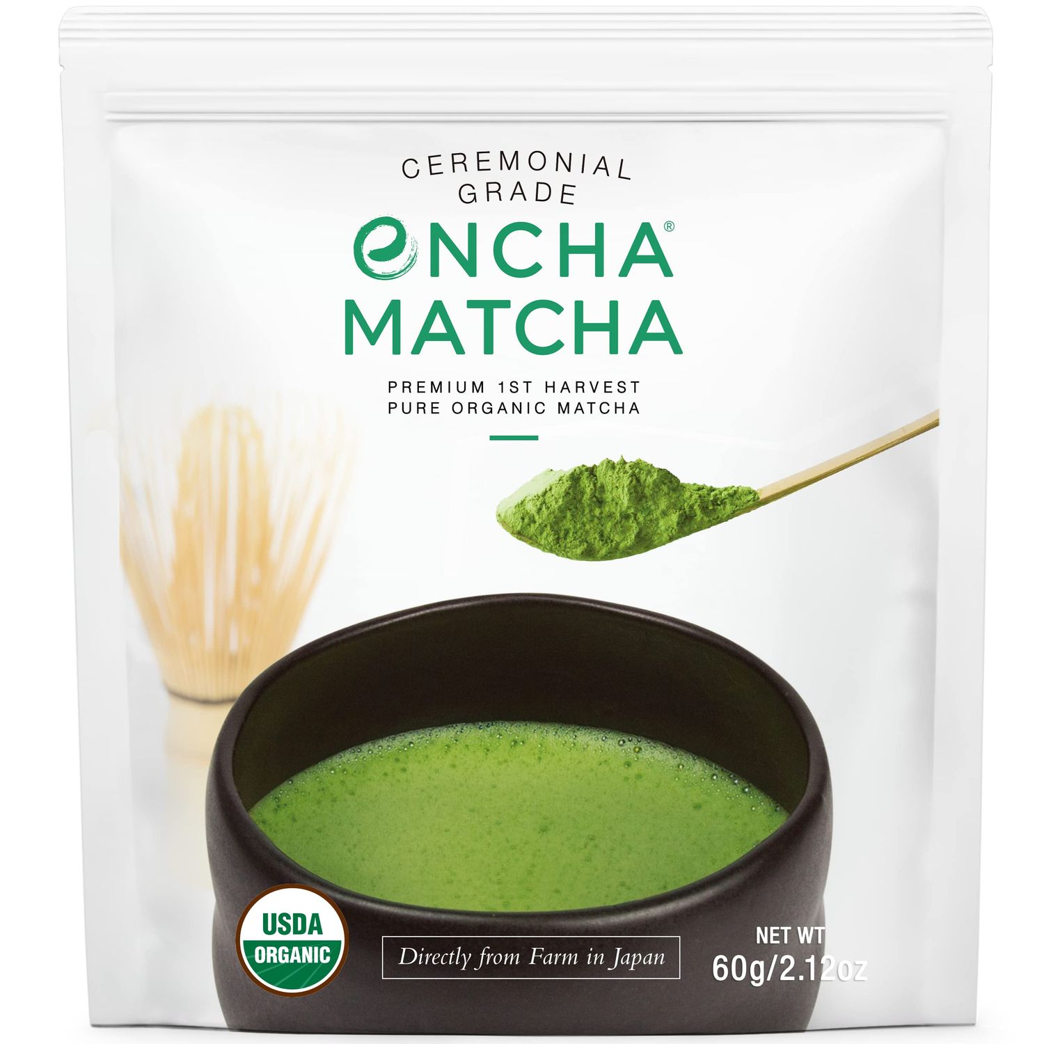 Encha Ceremonial Grade Matcha Powder - First Harvest Organic Japanese Matcha Green Tea Powder, From Uji, Japan (60g/2.12oz)