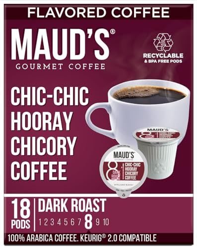 Maud&#39;s Chicory Dark Roast Coffee Pods, 18 ct | Chic-Chic Hooray Chicory Coffee | 100% Arabica Dark Roast Coffee | Solar Energy Produced Recyclable Pods Compatible with Keurig K Cups Maker
