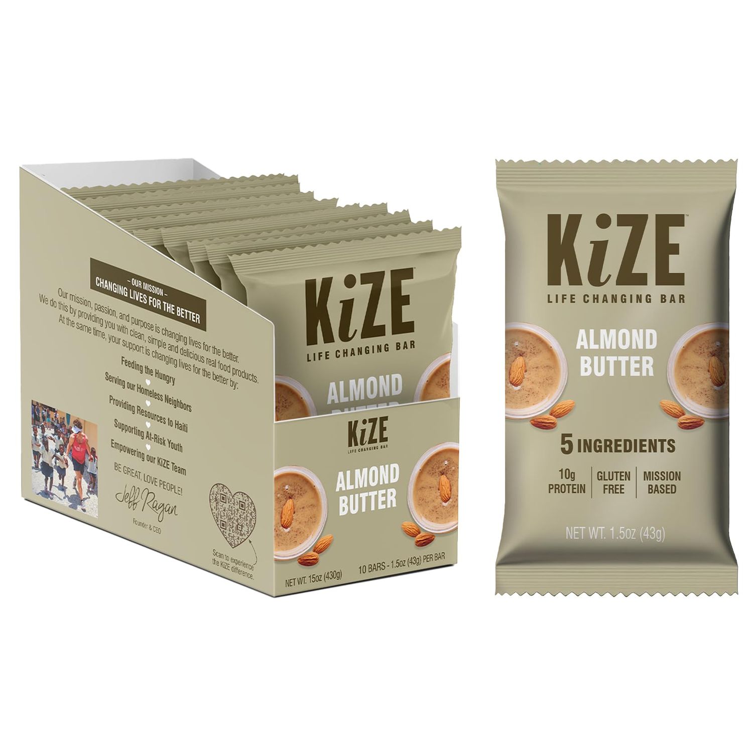 KiZE Energy Bar, Almond Butter, 5 Ingredients, 10g Grass-Fed Whey Protein, Peanut Free, Clean &amp; Simple Real Food, Gluten Free, Non-GMO, Soy Free, Mission Based, High Protein Snacks (10 Count)