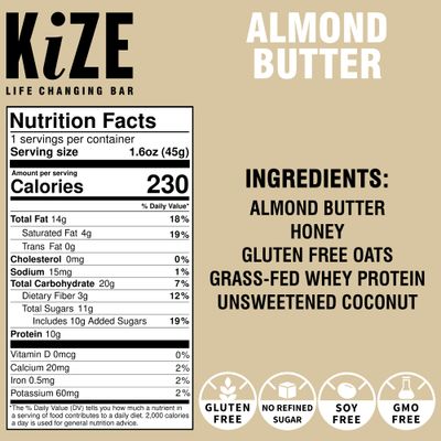 KiZE Energy Bar, Almond Butter, 5 Ingredients, 10g Grass-Fed Whey Protein, Peanut Free, Clean & Simple Real Food, Gluten Free, Non-GMO, Soy Free, Mission Based, High Protein Snacks (10 Count)