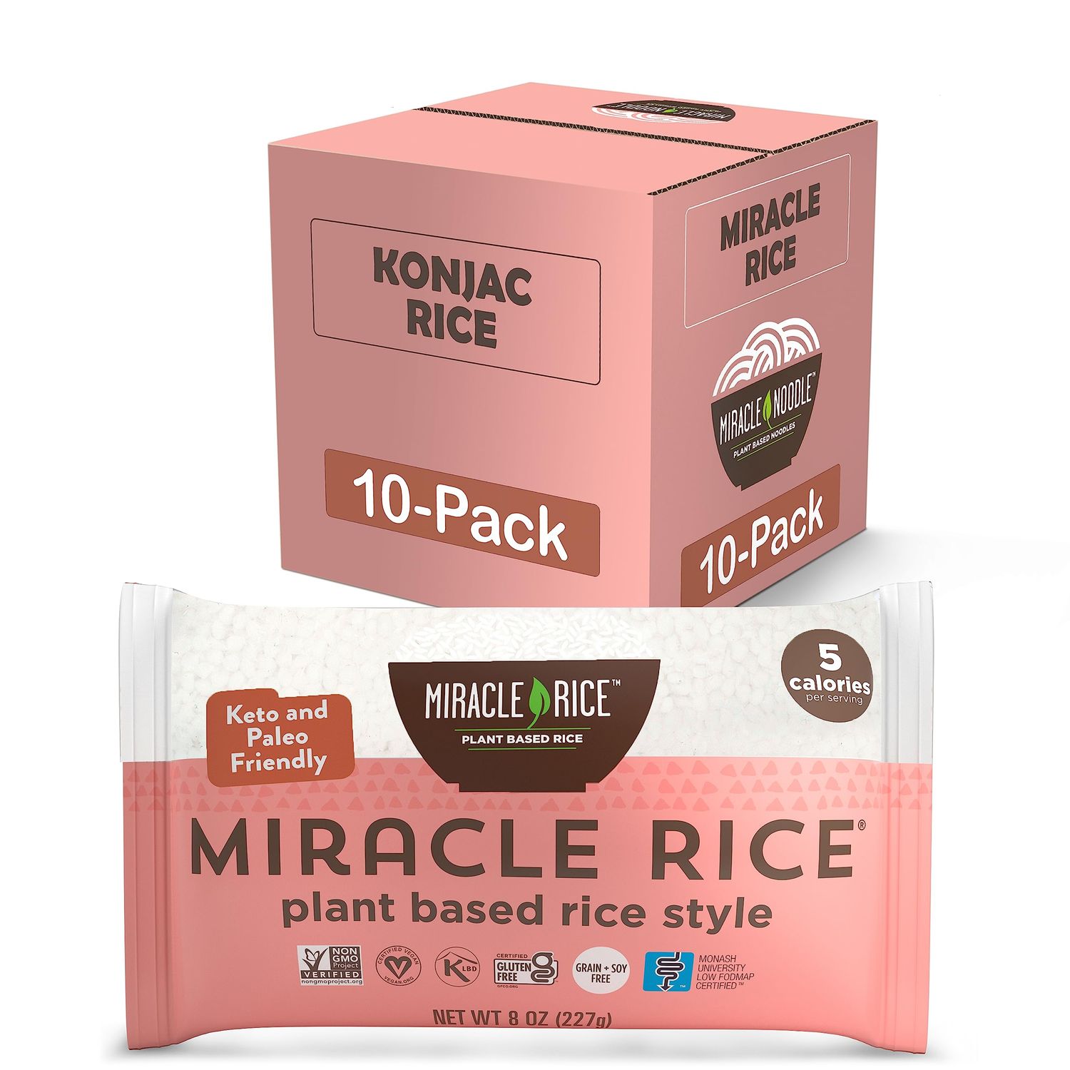 Miracle Noodle Miracle Rice - Konjac Rice, Keto Rice, Plant-Based, Gluten-Free, Soy Free, Low Carb Rice, Low-Calorie Rice, Grain Free, Perfect for Stir-Fry, Rice Pilaf, &amp; Rice Pudding - 8 Oz, 10-Pack