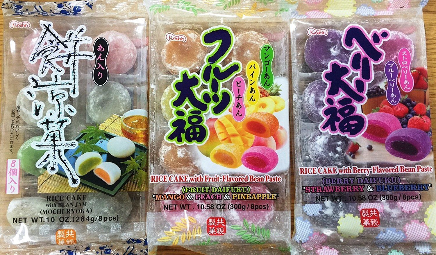 Japanese Fruit Flavor Mochi Strawberry &amp; Blueberry, Mango &amp; Peach &amp; Pineapple, Bean Jam Rice Cake Mochi Sampler - 8 Count (Pack of 3)