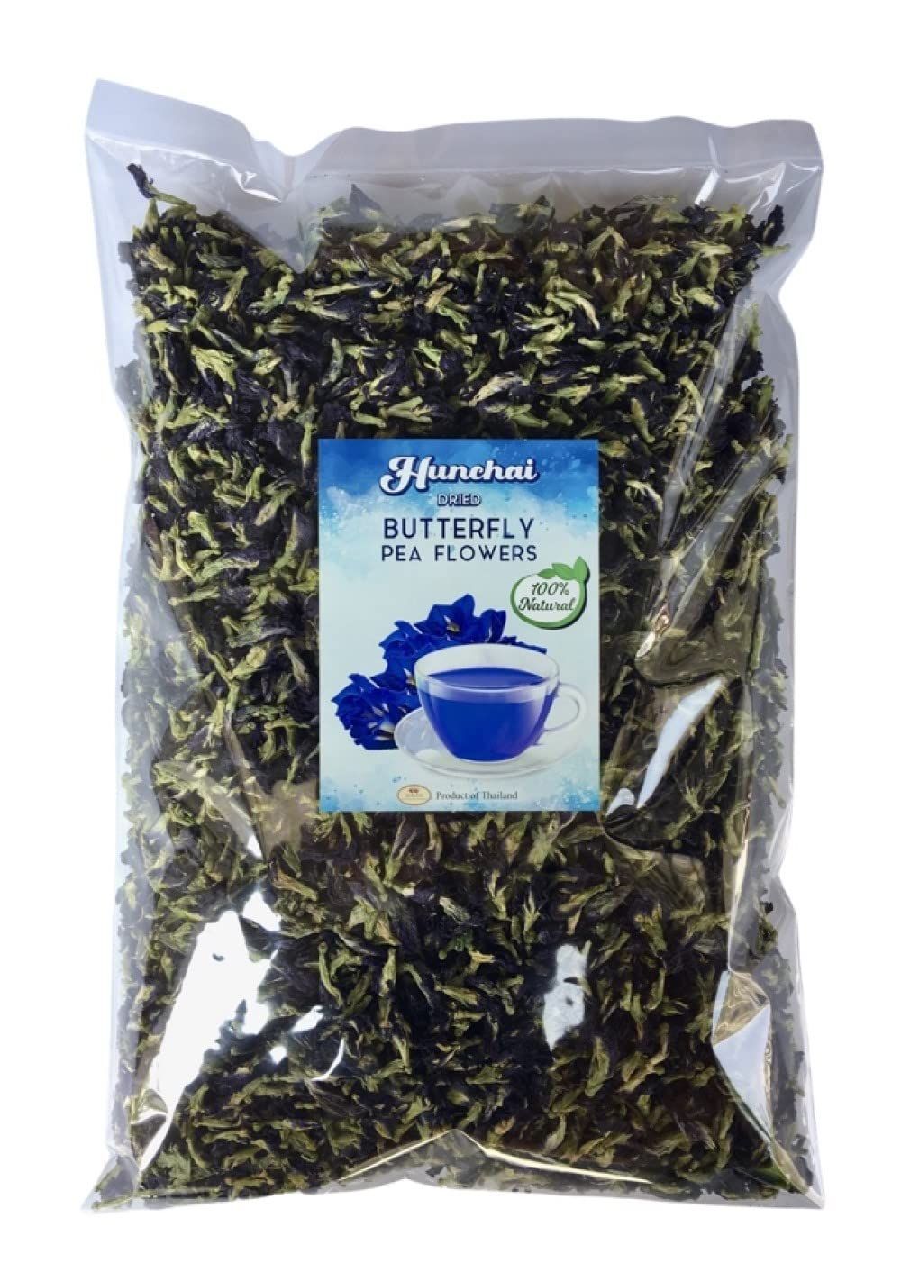 HUNCHAI Butterfly pea Flowers Whole 500 g. Dried Herb 100% for Blue &amp; Purple Drinks and Food Coloring