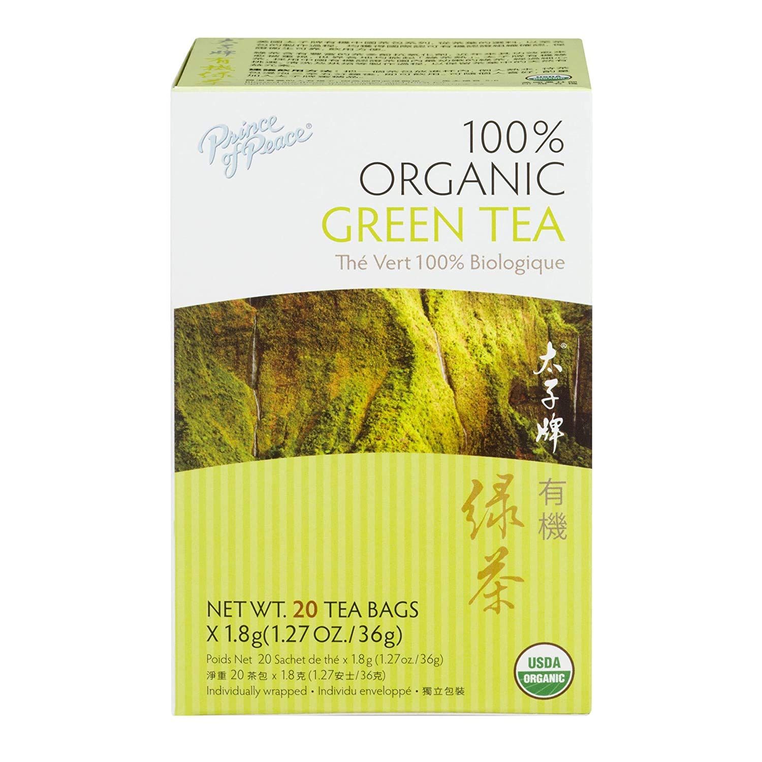 Prince of Peace Organic Green Tea, 20 Tea Bags - 100% Organic Green Tea - Unsweetened Green Tea - Lower Caffeine Alternative to Coffee - Herbal Health Benefits