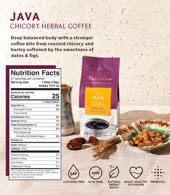 Teeccino Chicory Coffee Alternative - Java - Herbal Coffee | Ground Coffee Substitute | Prebiotic | Caffeine Free | Acid Free | Medium Roast, 11 ounce (Pack of 2)