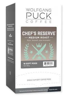 Wolfgang Puck Coffee, Chef&#39;s Reserve, Medium Roast, 9.5 Gram Soft Pods, 18 Count (Pack of 1)