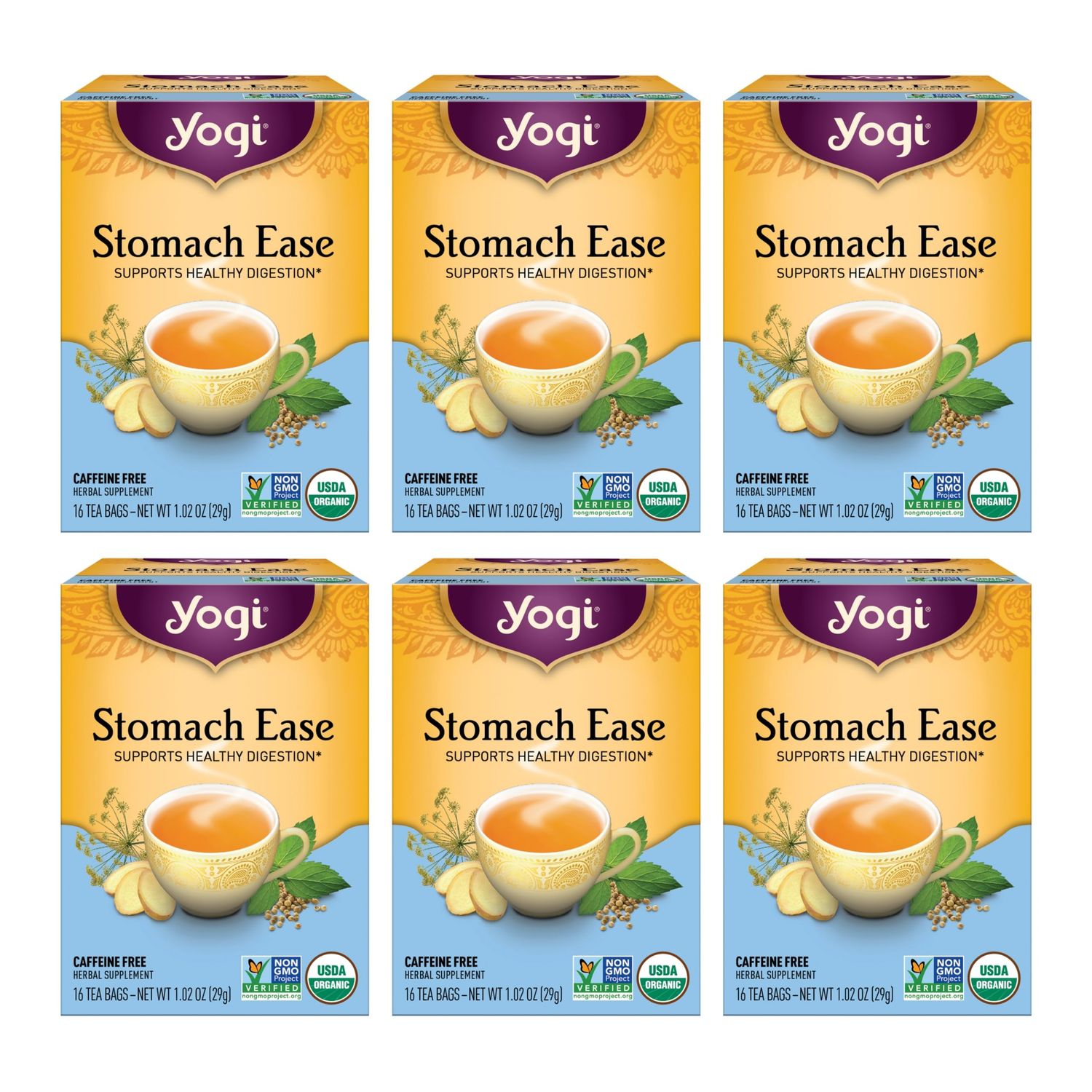 Yogi Tea - Stomach Ease (6 Pack) - Supports Healthy Digestion with Peppermint, Licorice Root, and Ayurvedic Herbs - Caffeine Free - 96 Organic Herbal Tea Bags