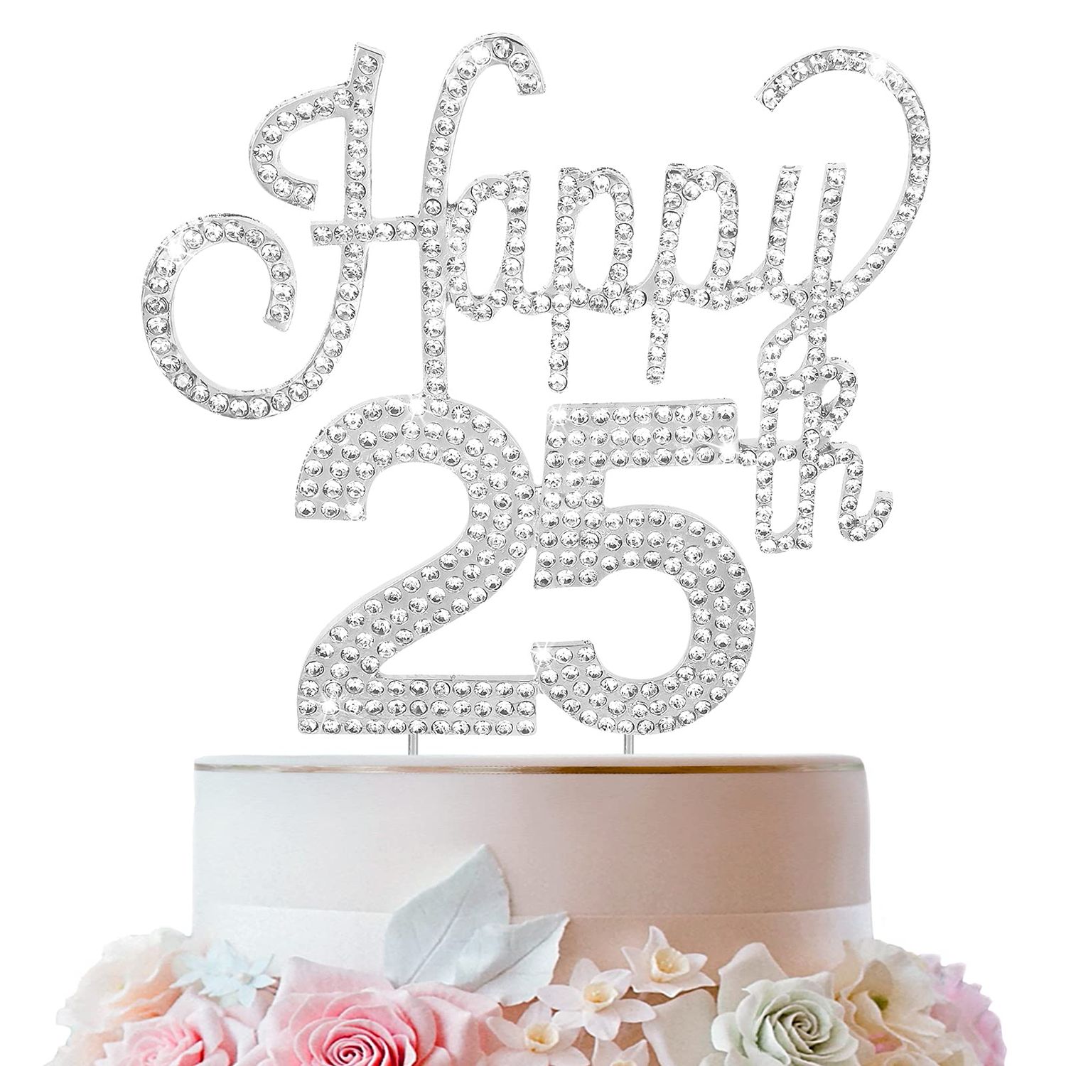 LINGTEER Happy 25th Birthday Silver Rhinestone Cake Topper - Cheers to 25th Birthday 25 Years Old Anniversary Party Cake Centerpieces Topper Decorations Gift Sign.