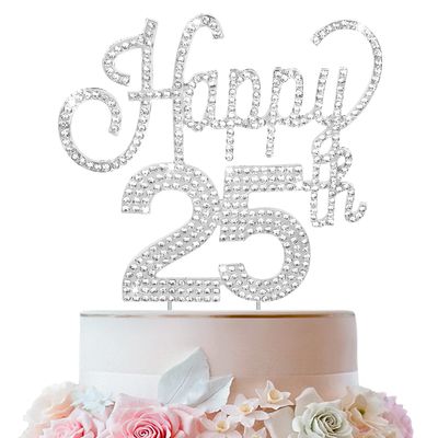 LINGTEER Happy 25th Birthday Silver Rhinestone Cake Topper - Cheers to 25th Birthday 25 Years Old Anniversary Party Cake Centerpieces Topper Decorations Gift Sign.