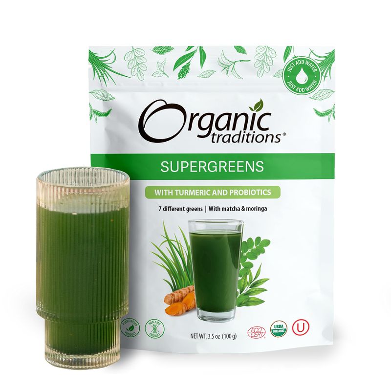 Organic Traditions Super Greens Powder Superfood with Turmeric, Organic Greens Superfood Powder, 100g/3.5oz Bag