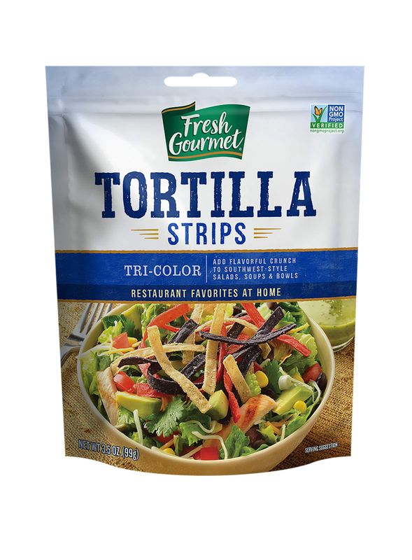 Fresh Gourmet Tri | Color Tortilla Strips | 3.5 Ounce, Pack of 9 | Low Carb | Crunchy Snack and Salad Topper
