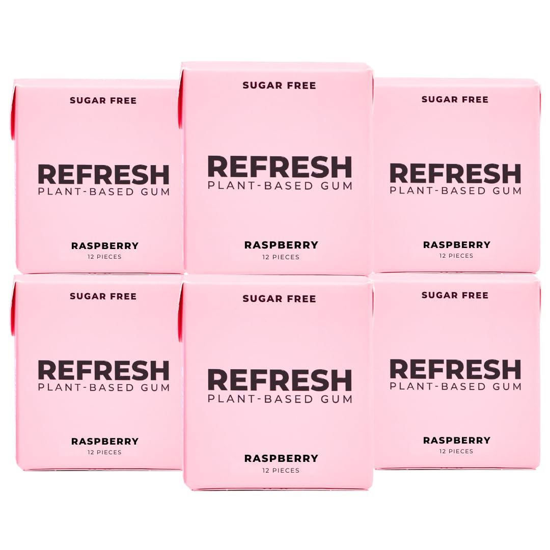 Refresh Plant Based Gum, Sugar Free, Long Lasting Chewing Gum with Stevia, Xylitol, Natural Flavors &amp; Organic Ingredients, Low Calorie, Non GMO, Gluten Free, Vegan, Raspberry Flavor, 12 Pcs, 6 Pack