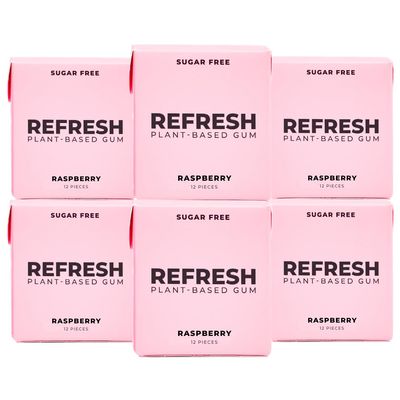 Refresh Plant Based Gum, Sugar Free, Long Lasting Chewing Gum with Stevia, Xylitol, Natural Flavors &amp; Organic Ingredients, Low Calorie, Non GMO, Gluten Free, Vegan, Raspberry Flavor, 12 Pcs, 6 Pack