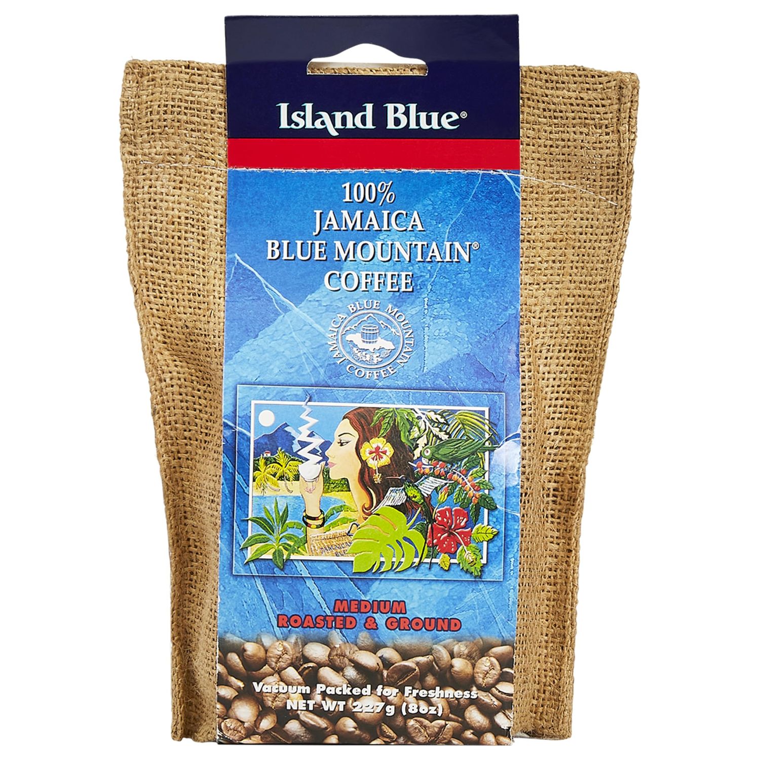 Island Blue 100% Jamaica Blue Mountain Fresh Roasted &amp; Ground Coffee Medium Roast Gourmet Coffee Ground Vacuum Packed in a Burlap Bag, 8 oz