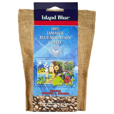 Island Blue 100% Jamaica Blue Mountain Fresh Roasted &amp; Ground Coffee Medium Roast Gourmet Coffee Ground Vacuum Packed in a Burlap Bag, 8 oz