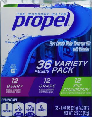 Propel Zero Calorie Nutrient Enhanced Water Beverage Mix (36 packets) 3 different flavors (berry, grape &amp; kiwi strawberry)