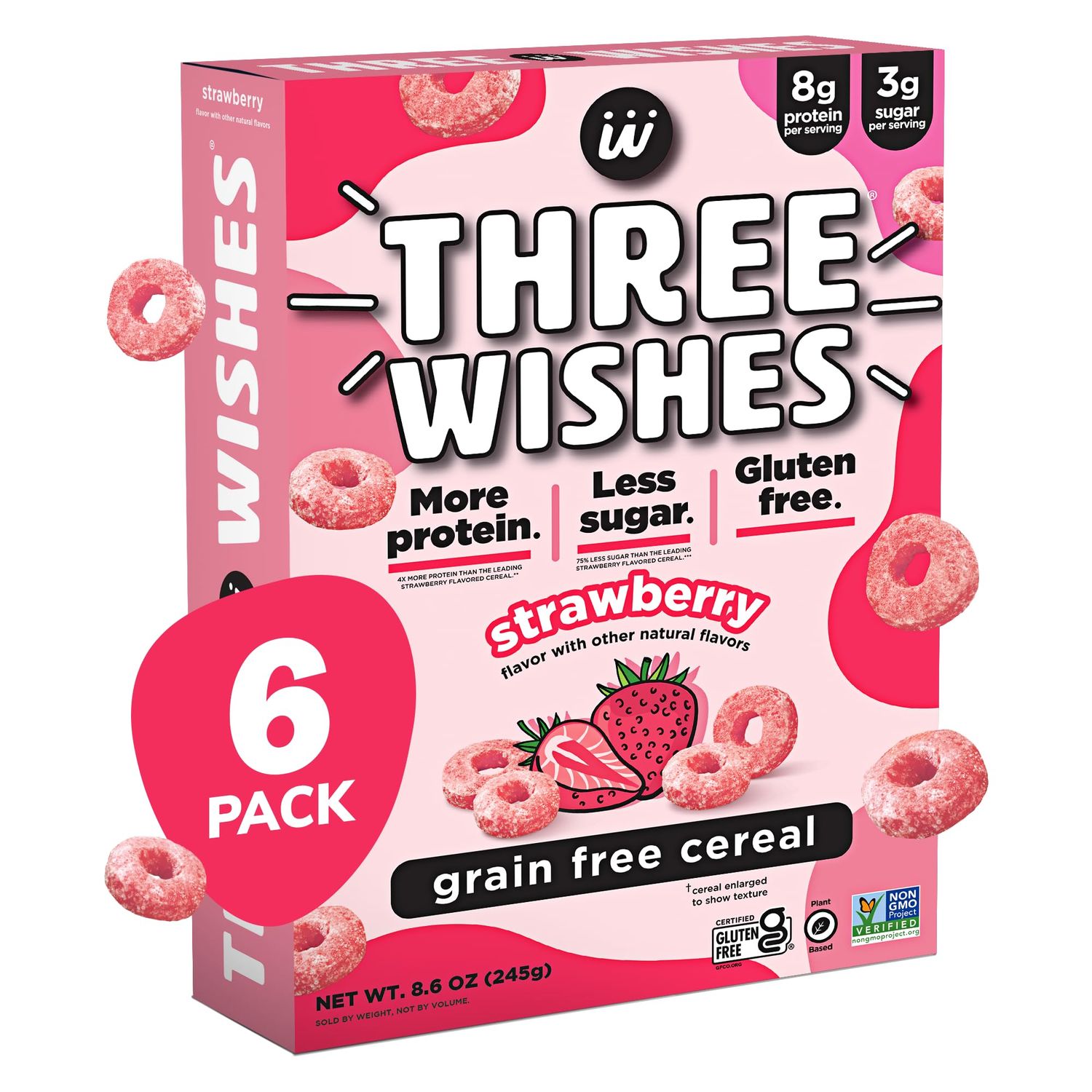 Protein and Gluten-Free Breakfast Cereal by Three Wishes - Strawberry, 6 Pack - More Protein and Less Sugar Snack with Natural Flavors - Vegan, Kosher, Grain-Free - Non-GMO