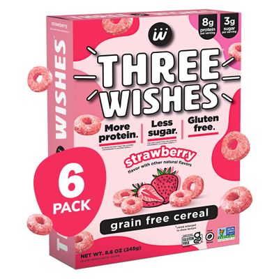 Protein and Gluten-Free Breakfast Cereal by Three Wishes - Strawberry, 6 Pack - More Protein and Less Sugar Snack with Natural Flavors - Vegan, Kosher, Grain-Free - Non-GMO