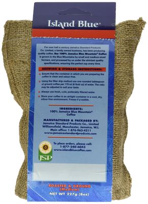 Island Blue 100% Jamaica Blue Mountain Fresh Roasted &amp; Ground Coffee Medium Roast Gourmet Coffee Ground Vacuum Packed in a Burlap Bag, 8 oz