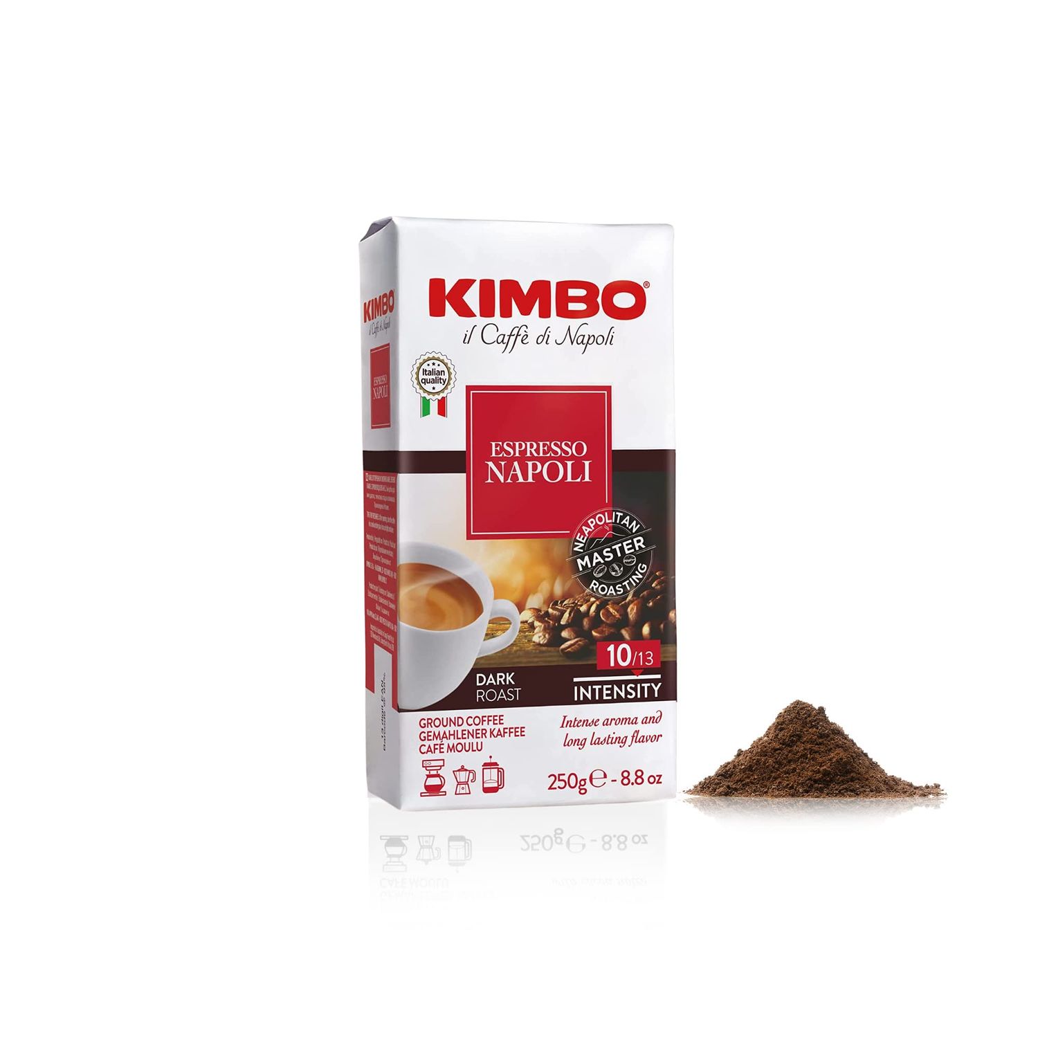 Kimbo Espresso Napoli Ground Coffee | Dark Roast | Intense Aroma &amp; Long Lasting Flavor | 10/13 Intensity | 8.8 oz (250g) Brick