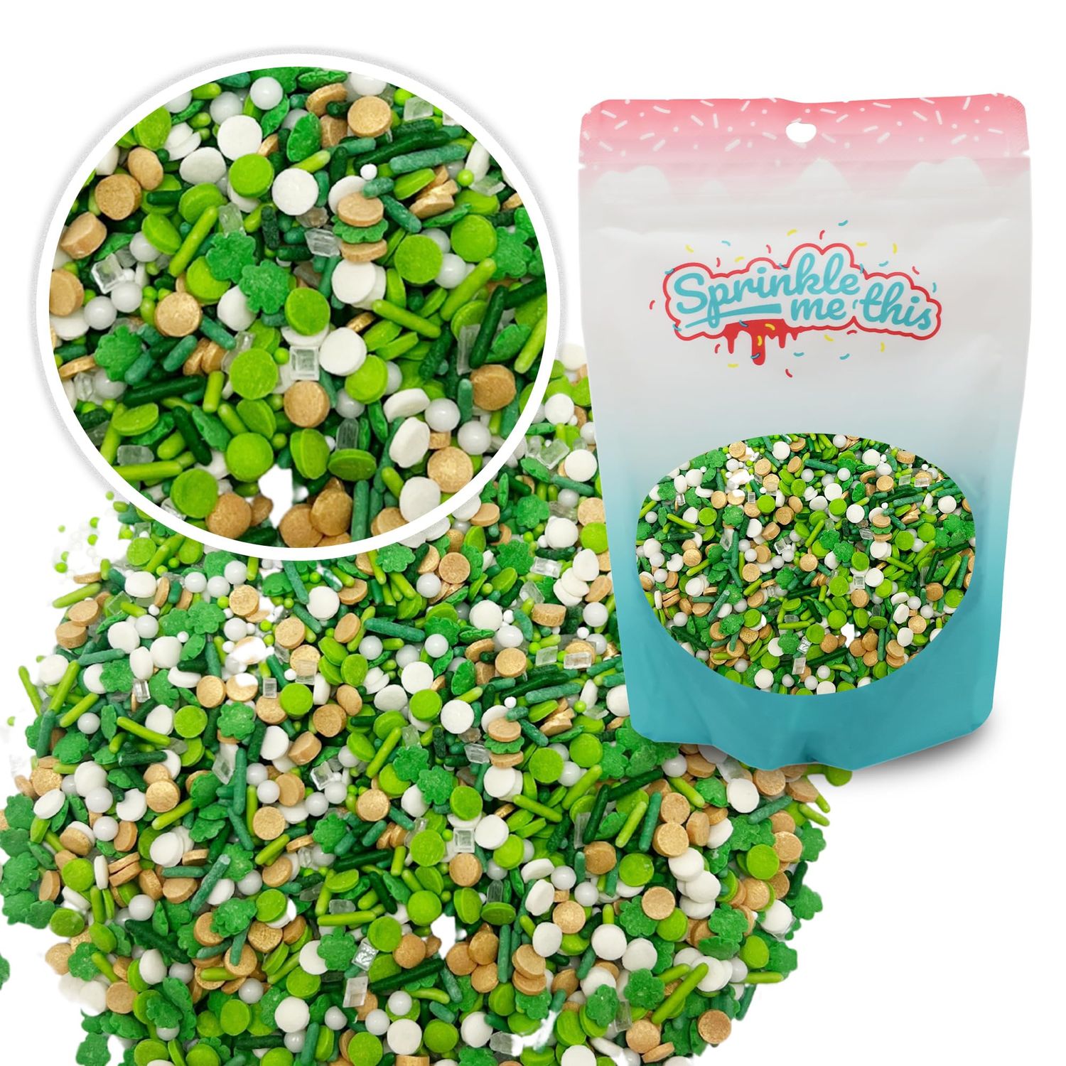 Emerald Isle Blend | 12 Oz Stand Up Sprinkle Bag | St. Patrick&#39;s Day Themed Sprinkle Blend | Features Clovers, Jimmies, Confetti, and Pearls | Green, Lime, and White Colors