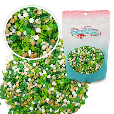 Emerald Isle Blend | 12 Oz Stand Up Sprinkle Bag | St. Patrick&#39;s Day Themed Sprinkle Blend | Features Clovers, Jimmies, Confetti, and Pearls | Green, Lime, and White Colors