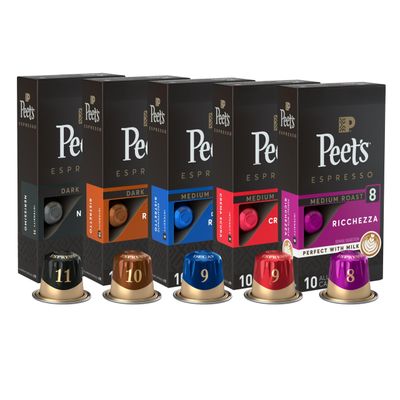 Peet&#39;s Coffee, Dark and Medium Roast Espresso Capsules Variety Pack with Decaf, Compatible with Nespresso Original Machine - Intensity 8-11, 50 Count (5 Boxes of 10 Espresso Capsules)