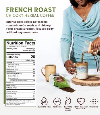 Teeccino French Roast Chicory Coffee Alternative - Ground Herbal Coffee Thats Prebiotic, Caffeine-Free &amp; Acid Free, Dark Roast, 11 Ounce