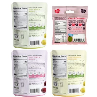Poshi Natural Whole Pitted Olives | 24 Pack Variety | Basil &amp; Garlic, Chili &amp; Oregano, Lemon &amp; Rosemary | Vegan, Kosher, Gluten Free + Keto Friendly Healthy Snacks, 1.1 Ounce (Pack of 24)