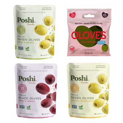 Poshi Natural Whole Pitted Olives | 24 Pack Variety | Basil &amp; Garlic, Chili &amp; Oregano, Lemon &amp; Rosemary | Vegan, Kosher, Gluten Free + Keto Friendly Healthy Snacks, 1.1 Ounce (Pack of 24)