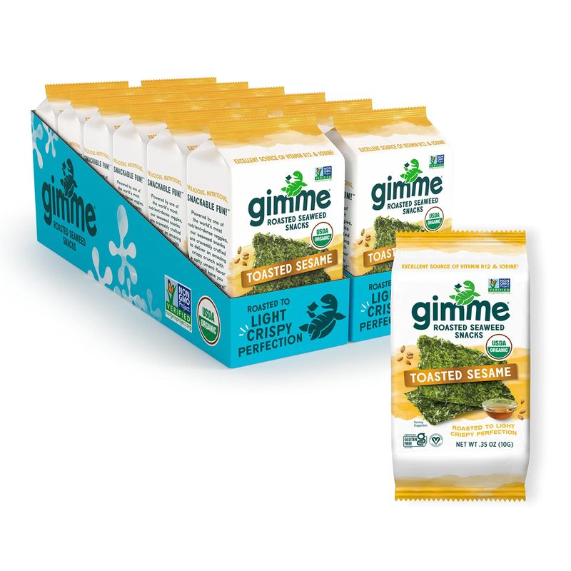 Gimme Seaweed - Toasted Sesame - 12 Count Sharing Size - Organic Roasted Seaweed Sheets - Keto, Vegan, Gluten Free - Great Source of Iodine &amp; Omega 3s - Healthy On-The-Go Snack for Kids &amp; Adults