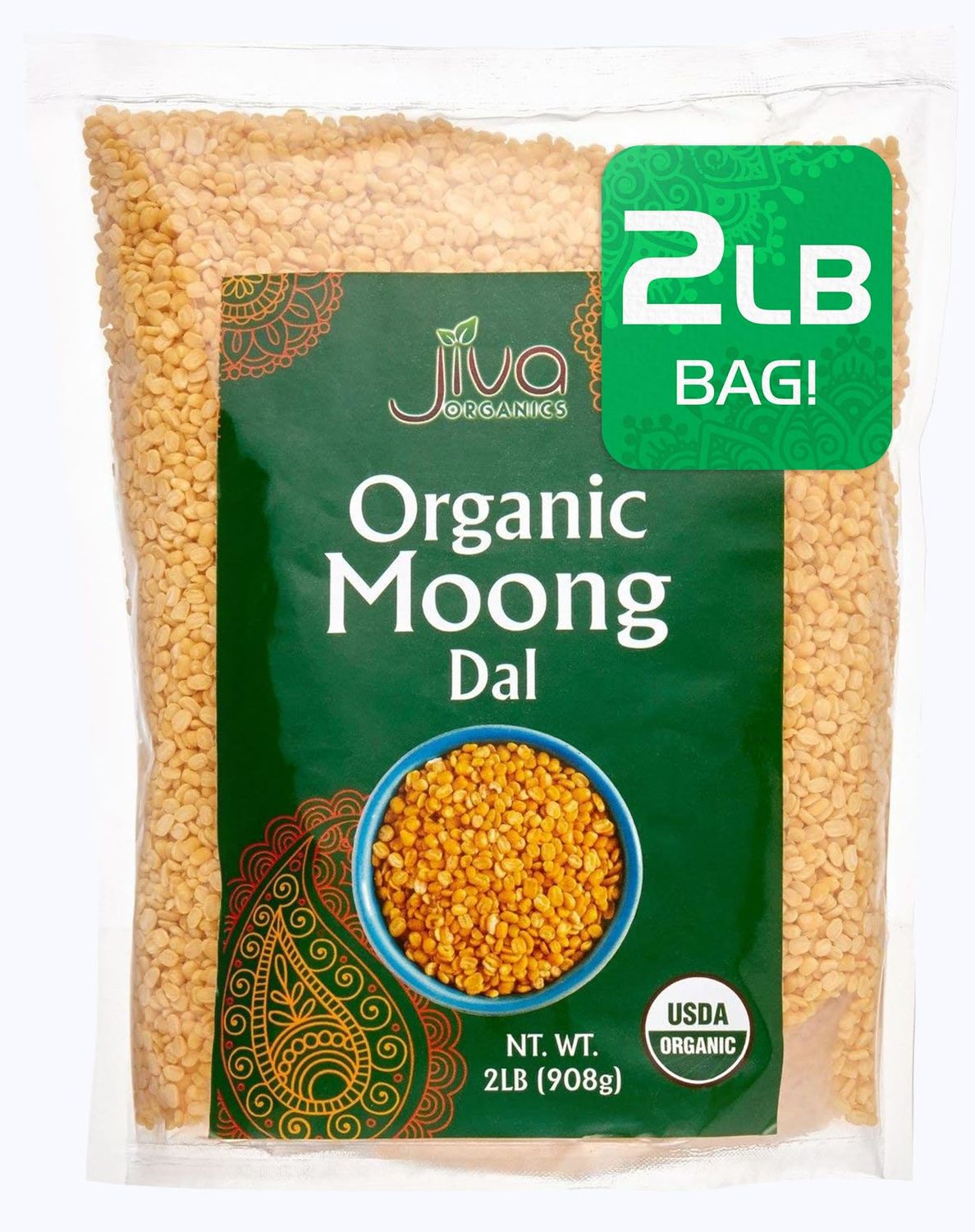 Jiva Organic Yellow Moong Dal 2 Pound - Non-GMO - Great for Kitchari - Split Mung Beans Washed