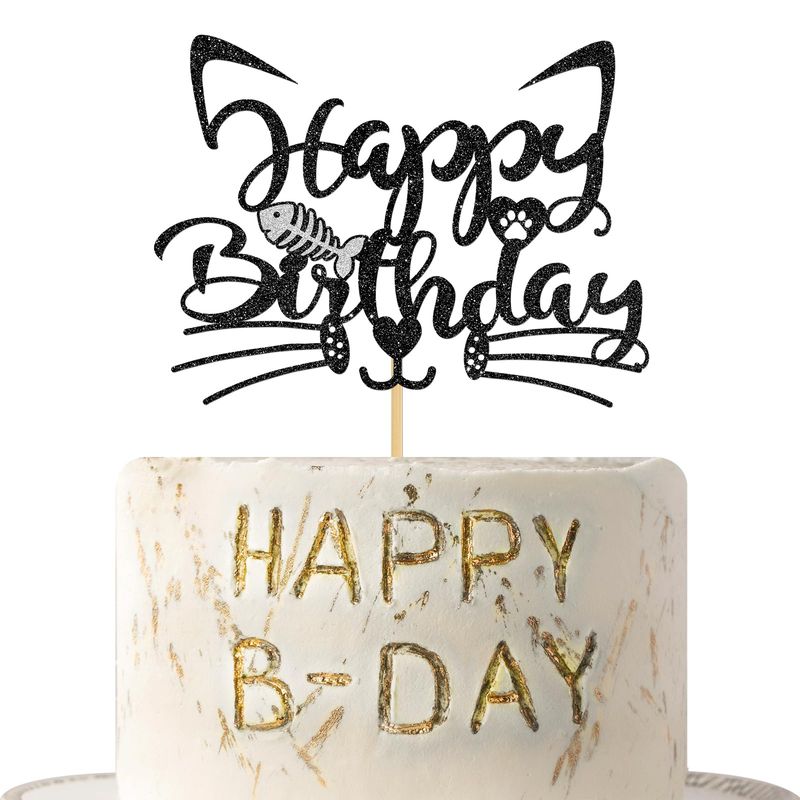 Happy Birthday Cake Topper with CatFish, Baby Shower/Kid &#39;s 1st 2nd 3rd Birthday Cake Decors, Happy Birthday Kitten Sign, Cartoon Theme Party Supplies for Boy or Girl, Black Glitter
