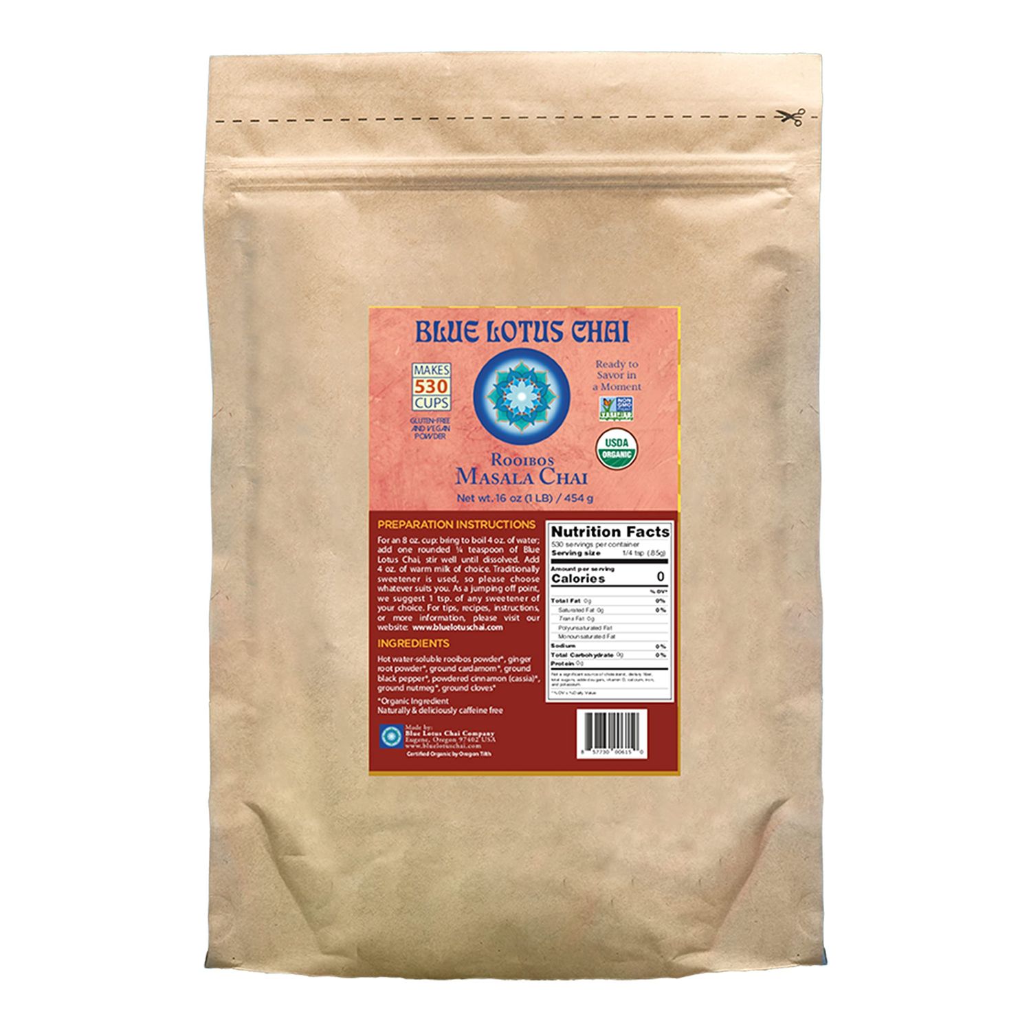 Blue Lotus Chai - Rooibos Masala Chai - Makes 530 Cups - 1 Pound Bulk Bag Masala Spiced Chai Powder with Organic Spices - Instant Indian Tea No Steeping - No Gluten