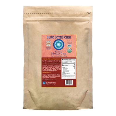 Blue Lotus Chai - Rooibos Masala Chai - Makes 530 Cups - 1 Pound Bulk Bag Masala Spiced Chai Powder with Organic Spices - Instant Indian Tea No Steeping - No Gluten