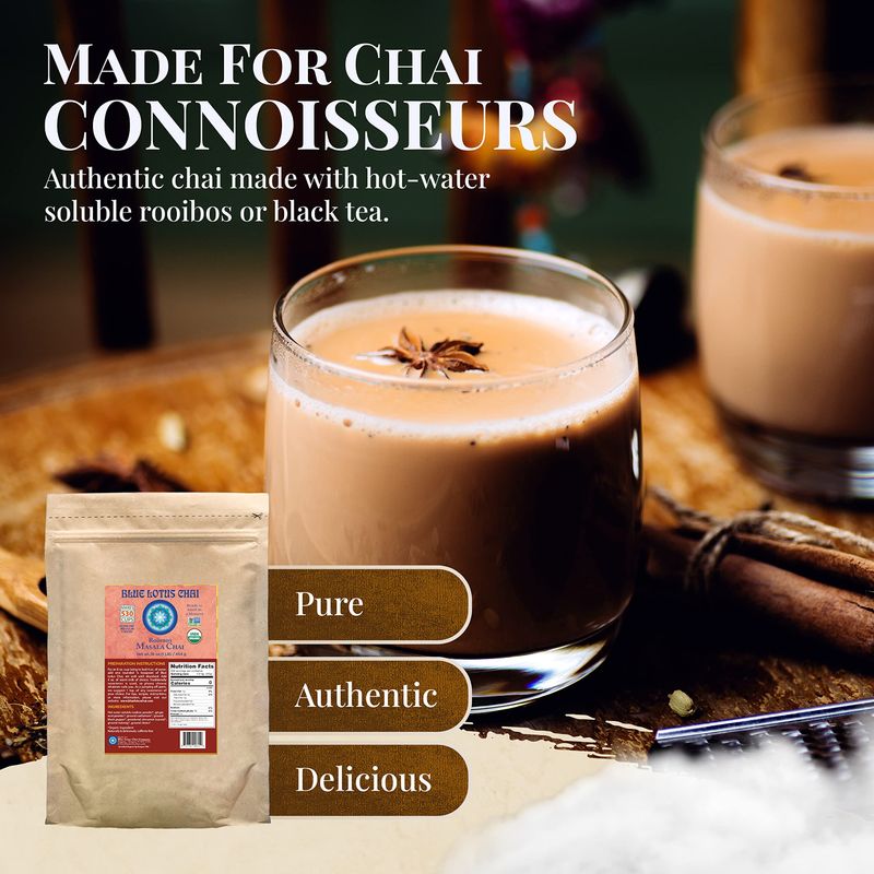 Blue Lotus Chai - Rooibos Masala Chai - Makes 530 Cups - 1 Pound Bulk Bag Masala Spiced Chai Powder with Organic Spices - Instant Indian Tea No Steeping - No Gluten