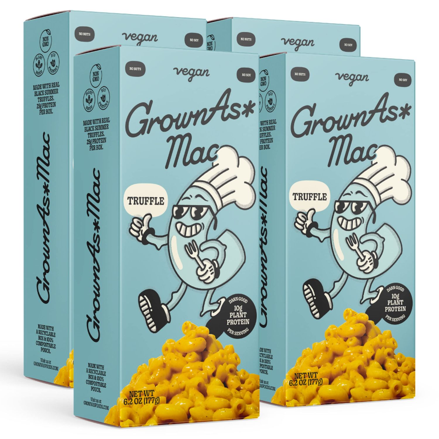 GrownAs Vegan Mac &amp; Cheese, 4 Pack, 25g of Protein per Pack - Real Truffle Flavor, Dairy Free, High Protein Snack, Easy to Prepare, Made with Coconut &amp; Wheat, Vegan, Non-GMO, Delicious Meal or Snack