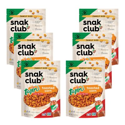 Snak Club Tajin Toasted Corn, Roasted Corn Nuggets with Chili and Lime Seasoning, Mild, Non-GMO, Gluten-Free, Kosher Snack, No Artificial Colors or Flavors, 11 oz Resealable Bags, 6 Pack
