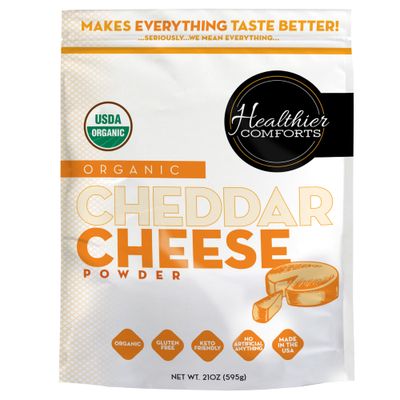 Healthier Comforts Organic Cheddar Cheese Powder | Gluten Free, Keto-Friendly, Non-GMO, Antibiotic &amp; Hormone Free | Perfect for Popcorn Seasoning, Mac and Cheese, Pasta &amp; Sauces (21 oz)