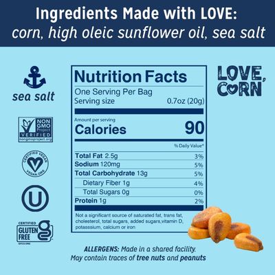 LOVE CORN Sea Salt 0.7oz x 20 Bags - Delicious Crunchy Corn - Healthy Family Snacks - Gluten Free, Kosher, NON-GMO - Alternative for Chips, Nuts, Crackers &amp; Pretzels - Perfect for Charcuterie Boards