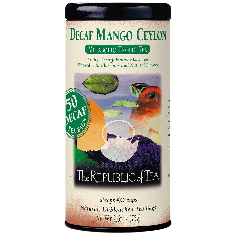 The Republic of Tea - Decaf Mango Ceylon Black Tea Tin, 50 Tea Bags, Environmentally- Friendly Decaffeinated Tea