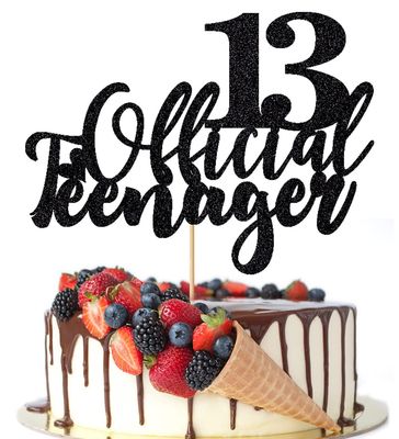 Crseniny 13 Official Teenager Cake Topper, 13 Official Teenager Birthday Cake Topper for Boy or Girl, Teen 13th Birthday Party Supplies 13th Anniversary Party Supplies (Black Glitter)