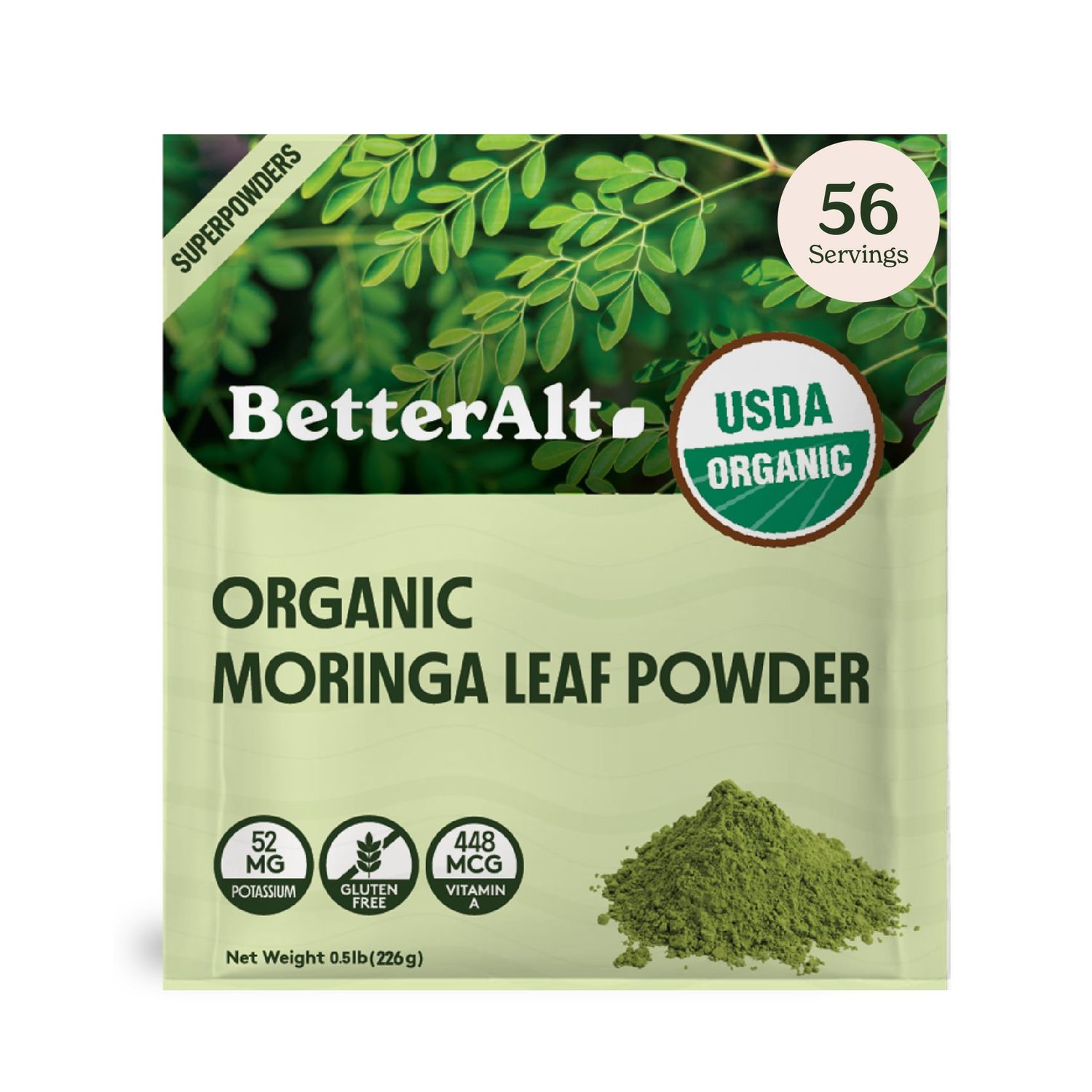 Better Alt Organic Moringa Powder, USDA Certified - Moringa Leaf Powder for Overall Health, Perfect for Smoothie,Tea, Drinks &amp; Recipes, Green Superfood, Moringa Oleifera Powder- 56 Servings 8 Oz
