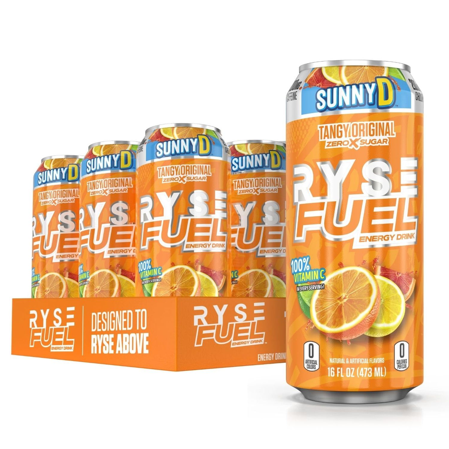 RYSE Fuel Sugar Free Energy Drink | Vegan Friendly, Gluten Free | No Fillers &amp; No Artificial Colors | 0 Calories | 200mg Natural Caffeine | 12 Pack (Sunny D Tangy Original)