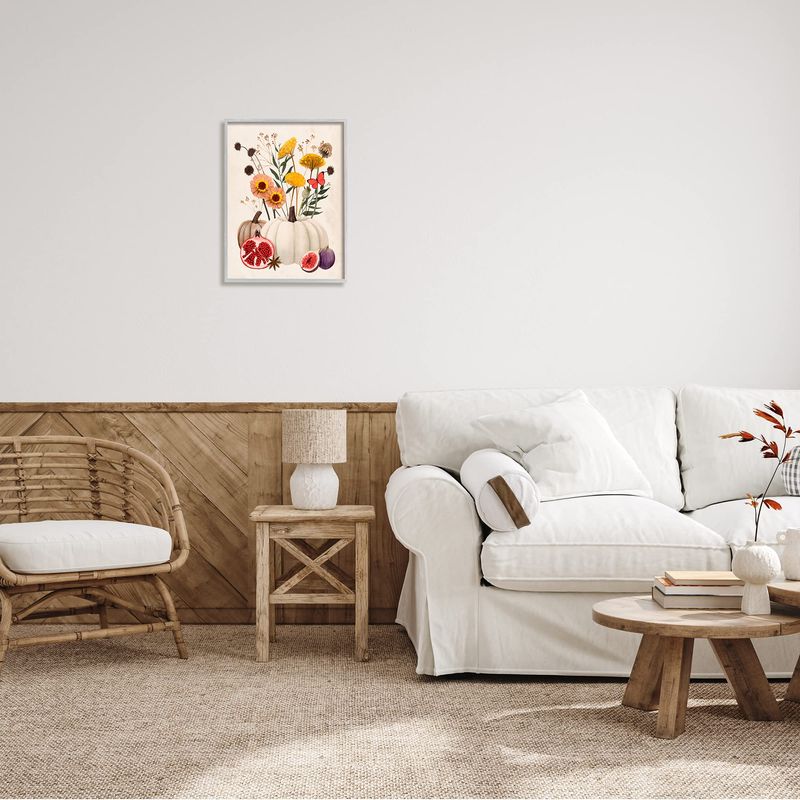 Stupell Industries Autumn Harvest Arrangement Pumpkin Pomegranate Fig Fruits Grey Framed Wall Art, 16 x 20, Beige