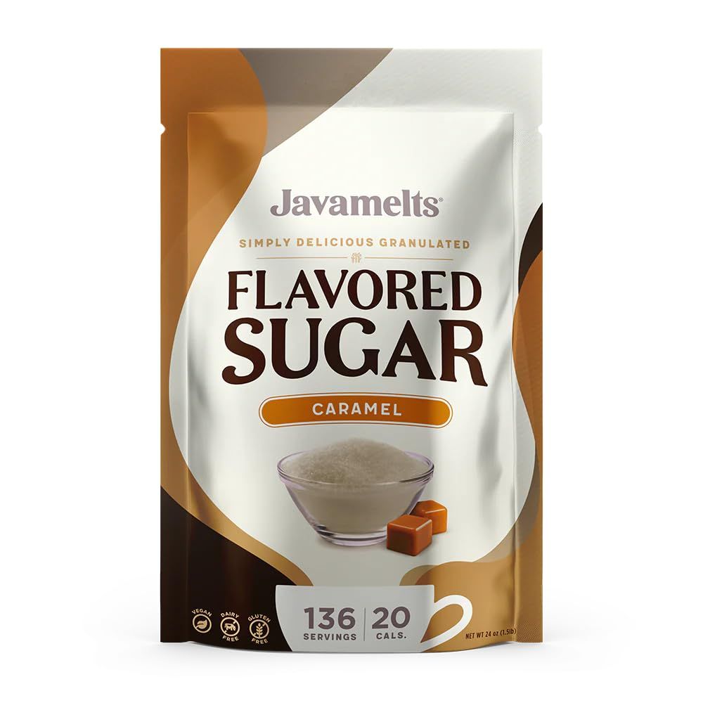 Javamelts Caramel Flavored Sugar | Pure Cane Sugar for Baking, Coffee Syrup Substitute, Cocktails, Tea | Non GMO, Non Dairy, Gluten Free, Kosher | 1.5 Pound Bag (136 Servings)