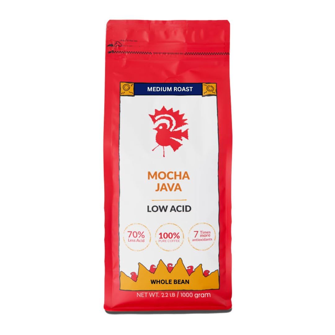 Puroast Low Acid Coffee Whole Bean | Mocha Java Whole Bean | Medium Roast | High Antioxidants &amp; High pH |No Bitter Aftertaste | Reduced Heartburn &amp; GERD | Suitable for Cold Brew - 2.2 LB