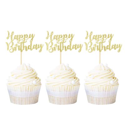Ercadio 24 Pack Happy Birthday Cupcake Toppers Gold Glitter Celebrating Birthday Cake Picks Baby Shower Kids Birthday Party Decoration Supplies